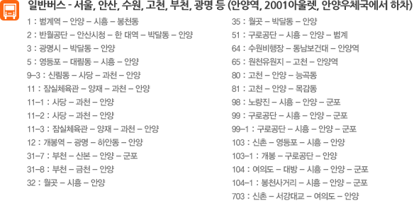 일반버스 - 서울, 안산, 수원, 고천, 부천, 광명 등 (안양역, 2001아울렛, 안양우체국에서 하차)

1 : 범계역 - 안양 - 시흥 - 봉천동
2 : 반월공단 - 안산시청 - 한 대역 - 박달동 - 안양
3 : 광명시 - 박달동 - 안양
5 : 영등포 - 대림동 - 시흥 - 안양
9-3 : 신림동 - 사당 - 과천 - 안양
11 : 잠실체육관 - 양재 - 과천 - 안양
11-1 : 사당 - 과천 - 안양 
11-2 : 사당 - 과천 - 안양 
11-3 : 잠실체육관 - 양재 - 과천 - 안양
12 : 개봉역 - 광명 - 하안동 - 안양 
31-7 : 부천 - 산본 - 안양 - 군포
31-8 : 부천 - 금천 - 안양
32 : 월곳 - 시흥 - 안양
35 : 월곳 - 박달동 - 안양 
51 : 구로공단 - 시흥 - 안양 - 범계
64 : 수원비행장 - 동남보건대 - 안양역
65 : 원천유원지 - 고천 - 안양역
80 : 고천 - 안양 - 능곡동 
81 : 고천 - 안양 - 목감동
98 : 노량진 - 시흥 - 안양 - 군포
99 : 구로공단 - 시흥 - 안양 - 군포 
99-1 : 구로공단 - 시흥 - 안양 - 군포
103 : 신촌 - 영등포 - 시흥 - 안양
103-1 : 개봉 - 구로공단 - 안양
104 : 여의도 - 대방 - 시흥 - 안양 - 군포
104-1 : 봉천사거리 - 시흥 - 안양 - 군포
703 : 신촌 - 서강대교 - 여의도 - 안양 
